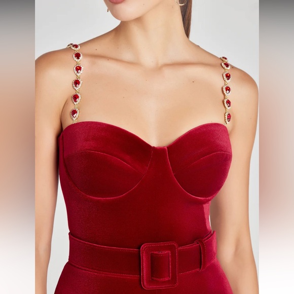 new Nadine Merabi Harley velvet belted embellished strap jumpsuit in red - Picture 3 of 13